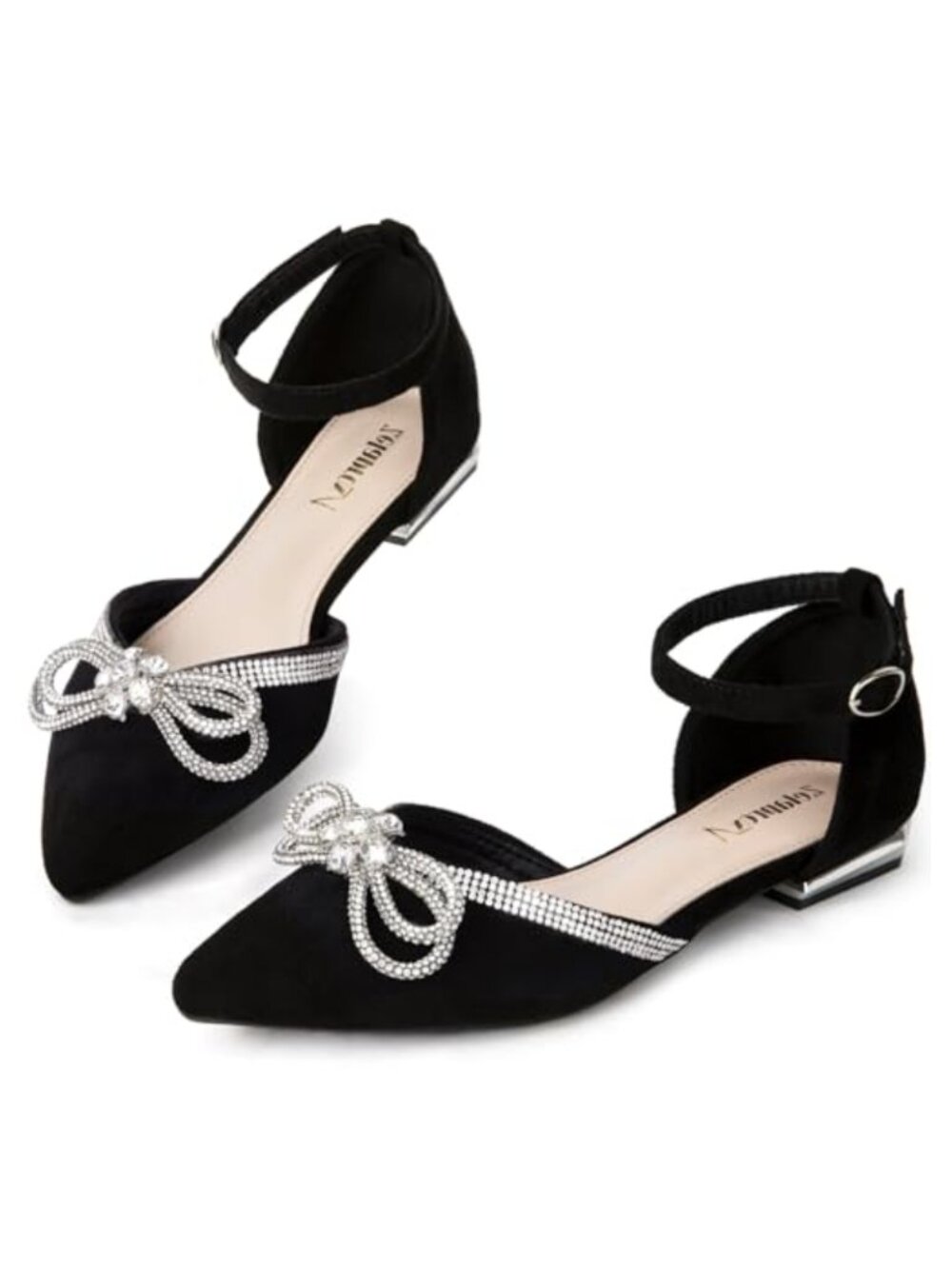 Rhinestone Bowknot Pointed Toe Flats with Ankle Strap